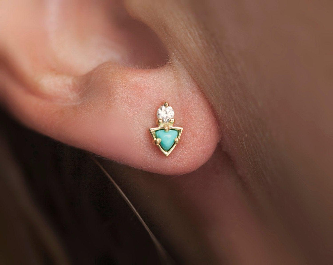 Triangle-cut turquoise stud cluster earrings with round white diamonds