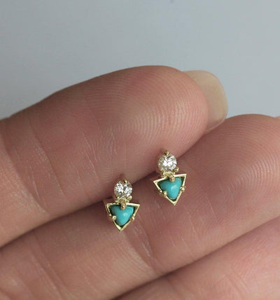 Triangle-cut turquoise stud cluster earrings with round white diamonds