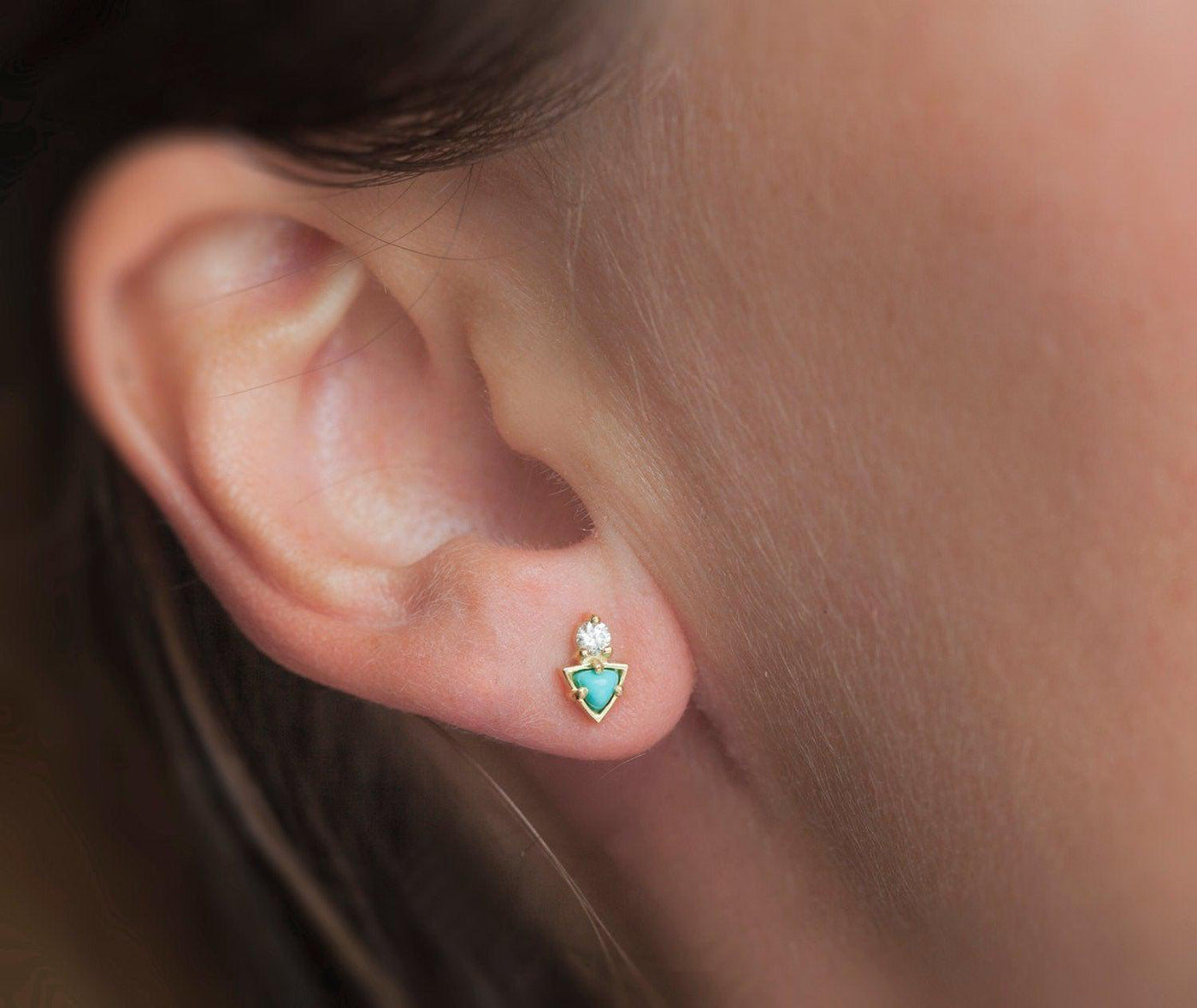 Triangle-cut turquoise stud cluster earrings with round white diamonds