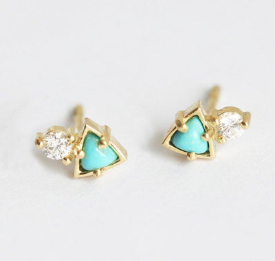 Triangle-cut turquoise stud cluster earrings with round white diamonds
