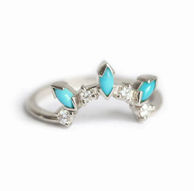 Marquise-cut blue turquoise and white diamond wedding ring