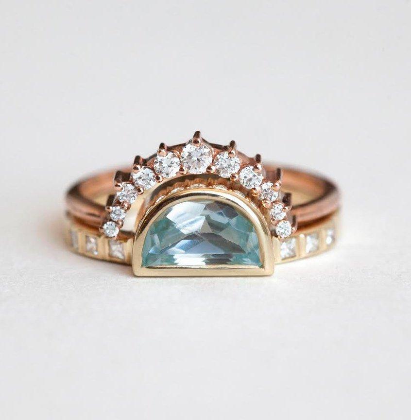 Half Moon Aquamarine Ring with Side White Diamonds