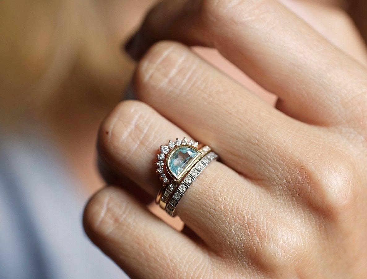 Half Moon Aquamarine Ring with Side White Diamonds