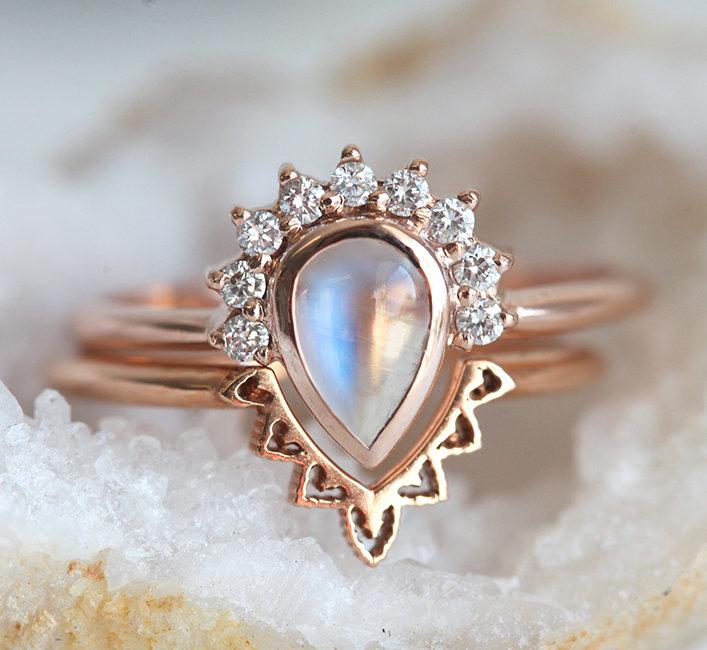 Nested pear-shaped white moonstone and diamond ring set