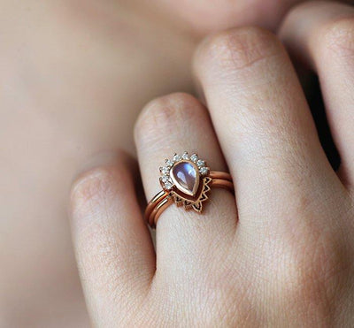 Nested pear-shaped white moonstone and diamond ring set