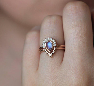 Nested pear-shaped white moonstone and diamond ring set