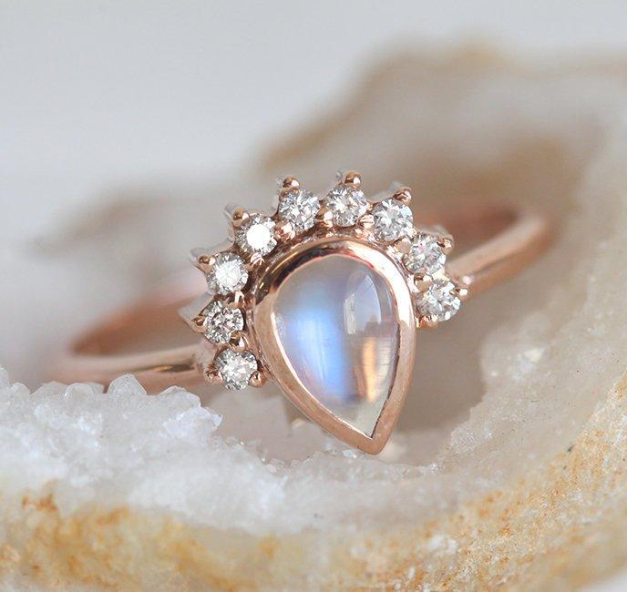 Nested pear-shaped white moonstone and diamond ring set