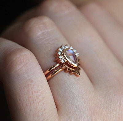 Nested pear-shaped white moonstone and diamond ring set