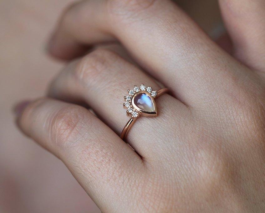 Nested pear-shaped white moonstone and diamond ring set