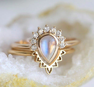 Nested pear-shaped white moonstone and diamond ring set