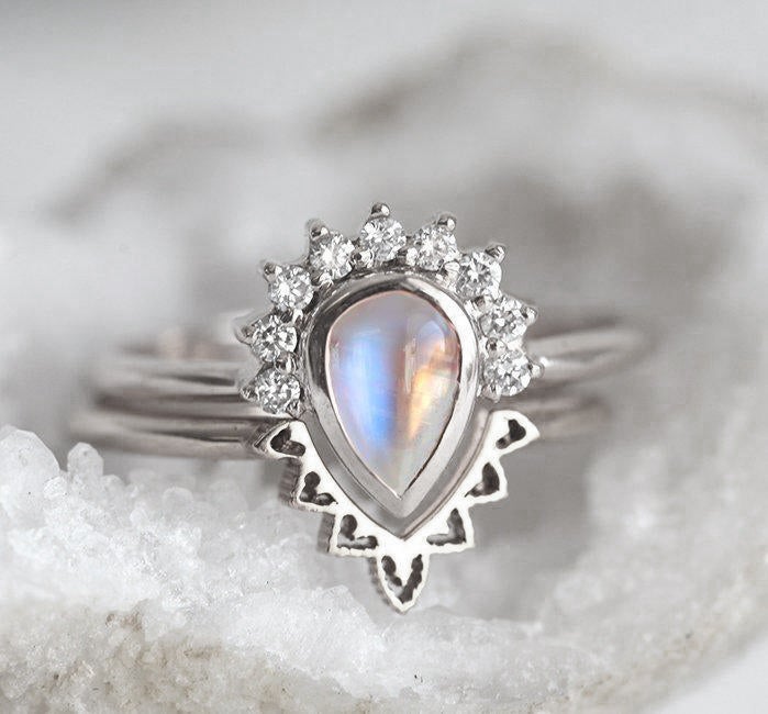 Nested pear-shaped white moonstone and diamond ring set