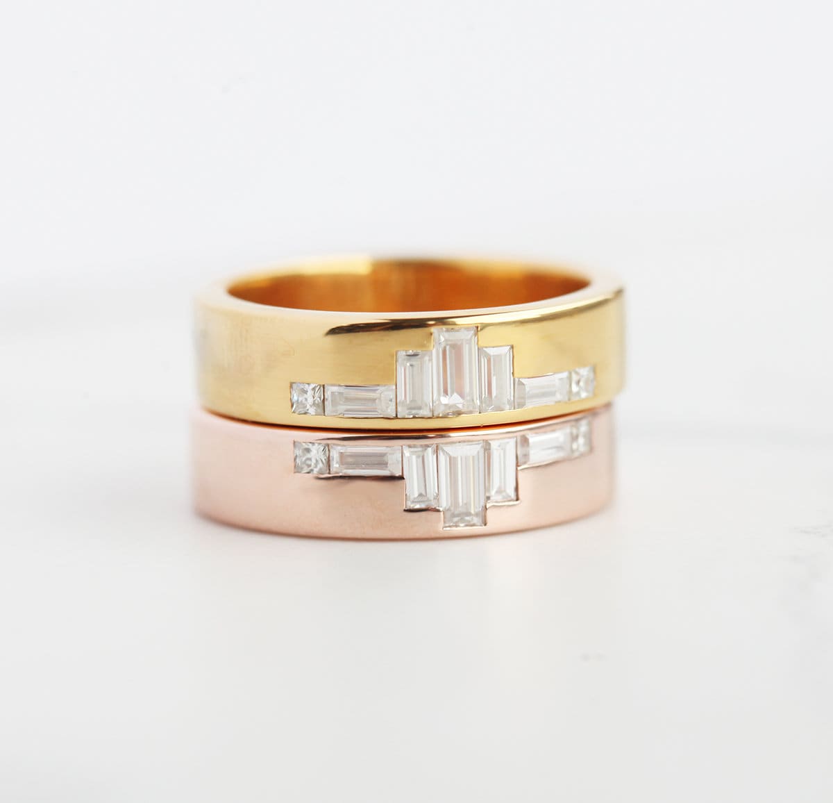 Baguette-cut diamond wedding band with side diamonds