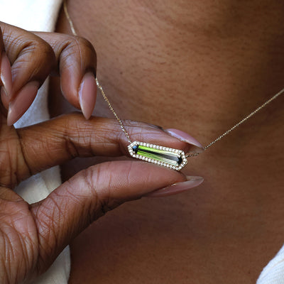 Bicolor Tourmaline Necklace, Halo Diamond Necklace with Natural Greenish Blue Tourmaline necklaces