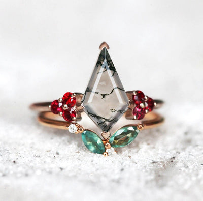 Kite Moss Agate, Rose Gold Ring Set with Side Red and Teal Blue Sapphires