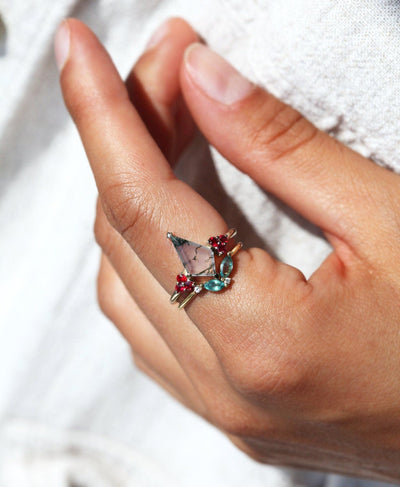 Kite Moss Agate Ring Set with Side Red and Teal Blue Sapphires