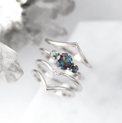 Teal Round Lab Grown Alexandrite Ring Set with Side Moss Agate Stones and Round White Diamonds