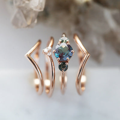 Teal Round Lab Grown Alexandrite Ring Set with Side Moss Agate Stones and Round White Diamonds