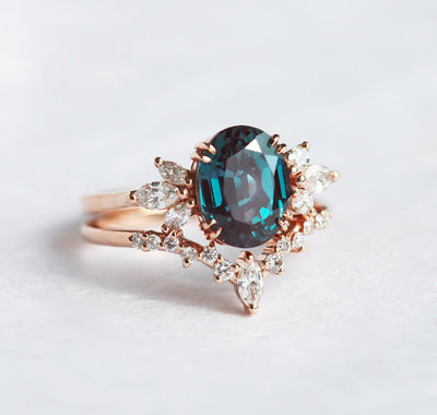 Oval Alexandrite Ring Set with Accent Marquise-Cut White Diamonds and Clustered Diamond Band