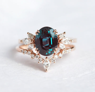 Oval Alexandrite Ring Set with Accent Marquise-Cut White Diamonds and Clustered Diamond Band