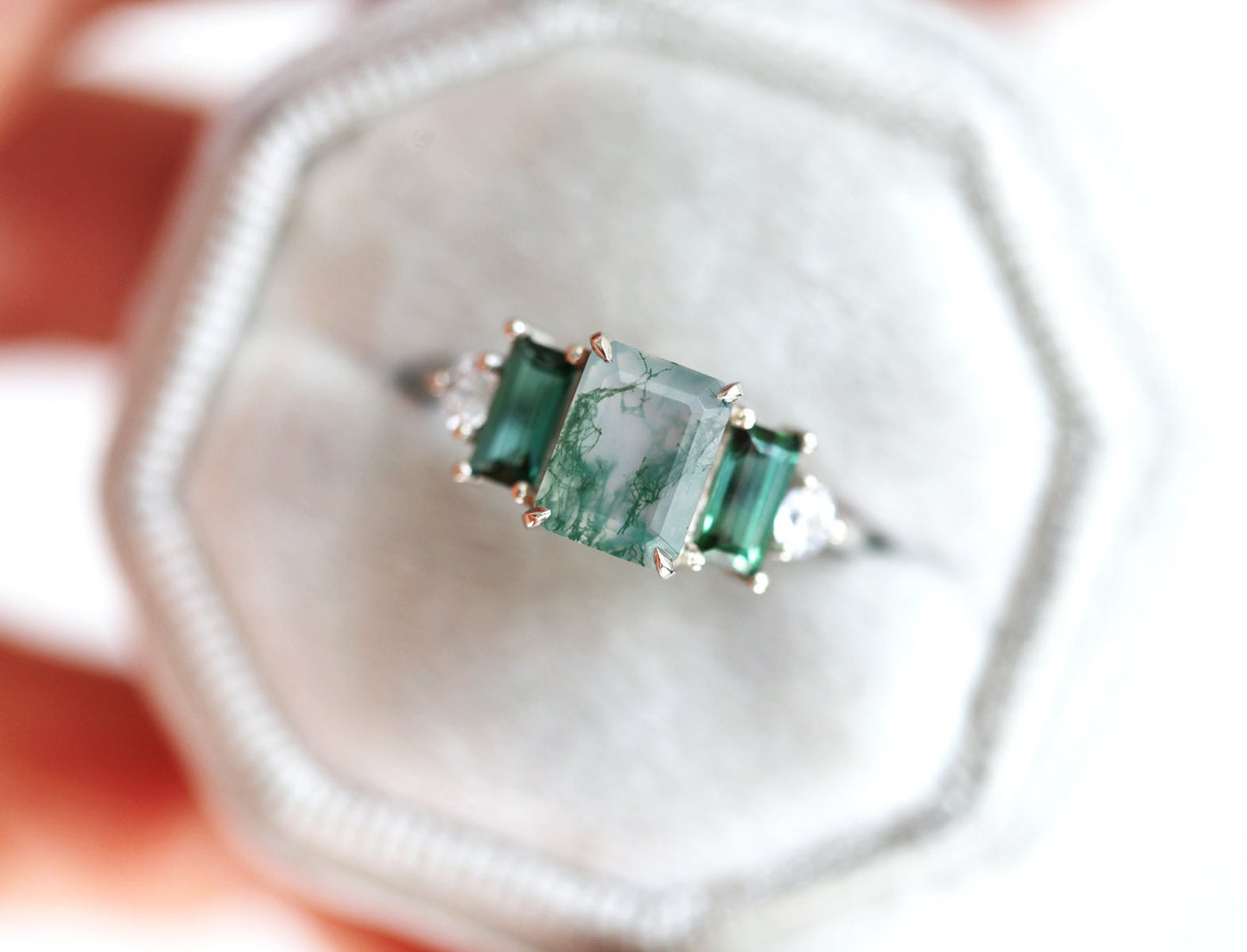 Emerald-Cut Moss Agate Ring with Accent Baguette Tourmaline and Round Sapphire Stones