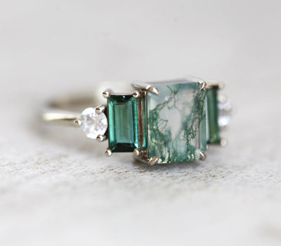 Emerald-Cut Moss Agate Ring with Accent Baguette Tourmaline and Round Sapphire Stones