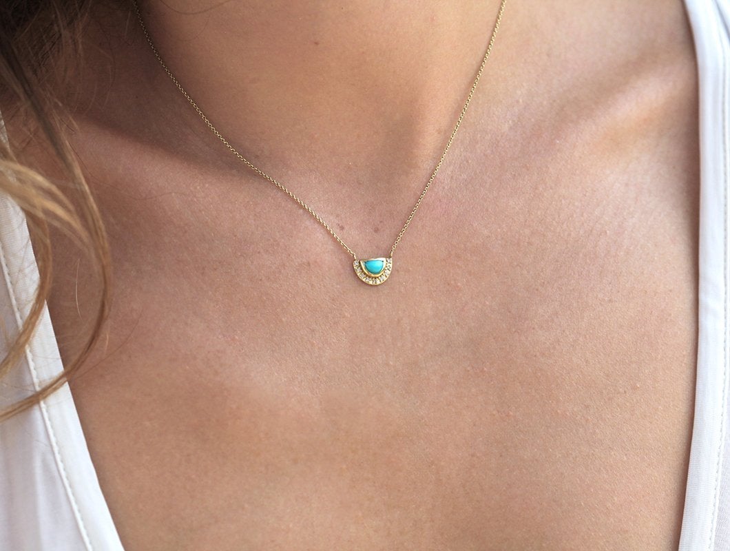 Gold chain necklace with half moon turquoise stone and white diamonds