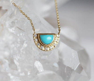 Gold chain necklace with half moon turquoise stone and white diamonds