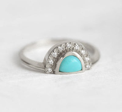 Half Moon Turquoise Gold Ring with Side White Diamonds