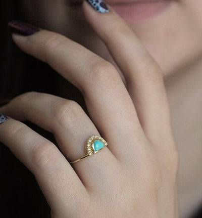 Half Moon Turquoise Gold Ring with Side White Diamonds