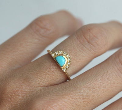 Half Moon Turquoise Gold Ring with Side White Diamonds