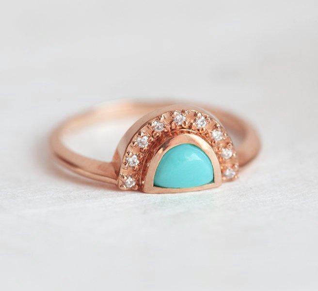 Half Moon Turquoise Gold Ring with Side White Diamonds