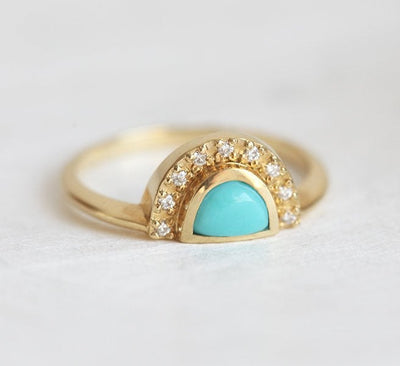 Half Moon Turquoise Gold Ring with Side White Diamonds