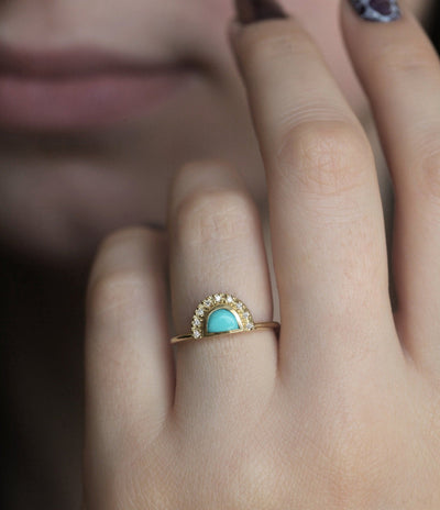 Half Moon Turquoise Gold Ring with Side White Diamonds