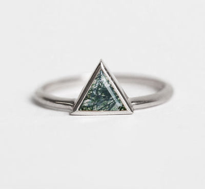 Triangle Moss Agate White Gold Ring, Solitaire Style Band
