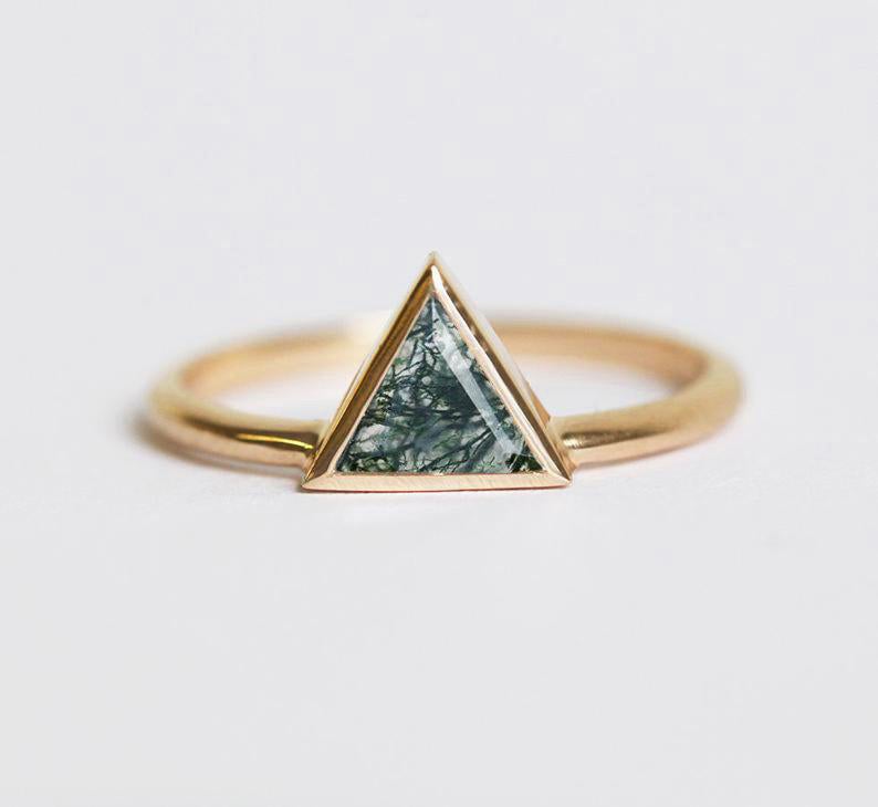 Triangle Moss Agate Yellow Gold Ring, Solitaire Style Band