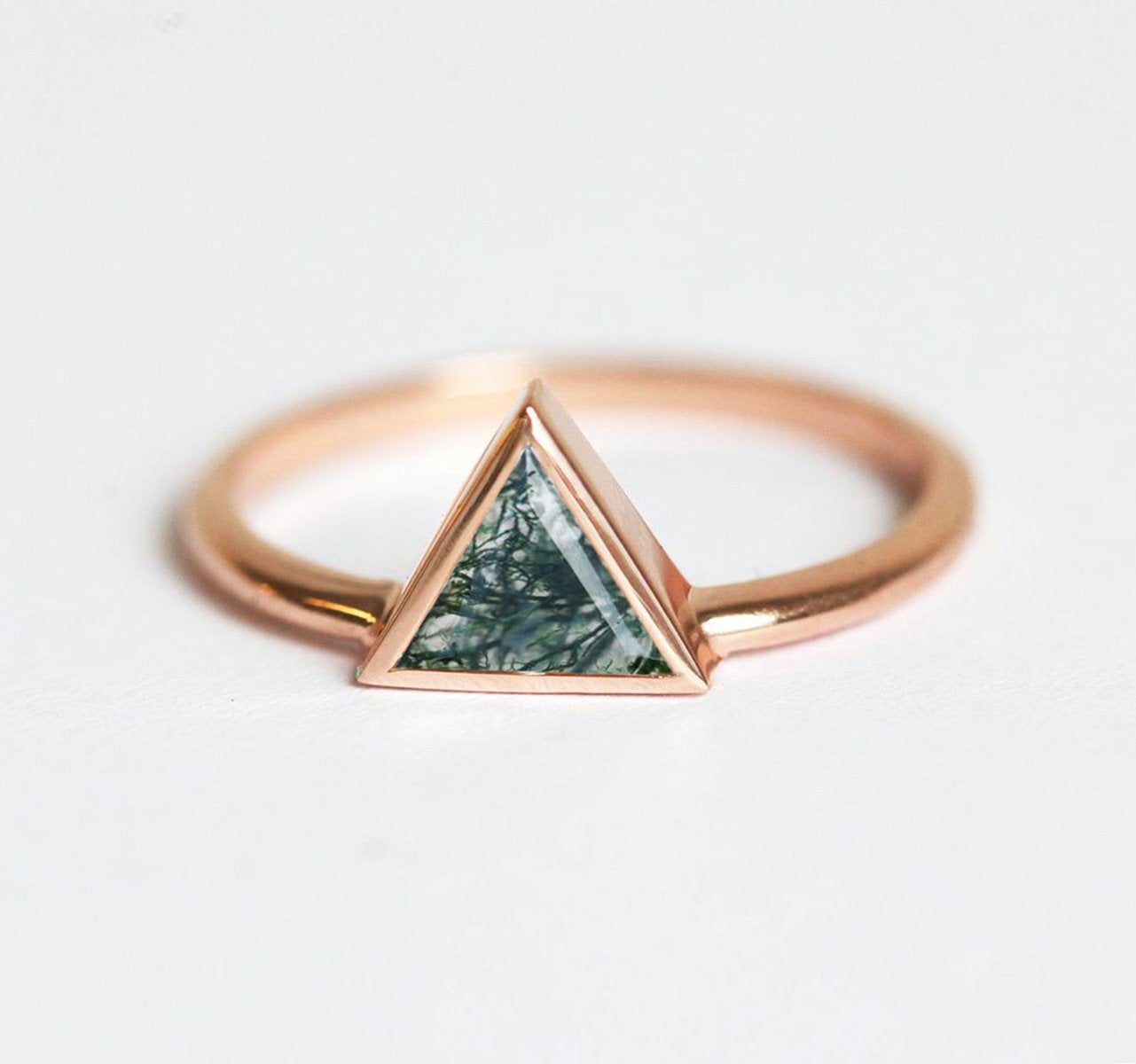 Triangle Moss Agate Rose Gold Ring, Solitaire Style Band