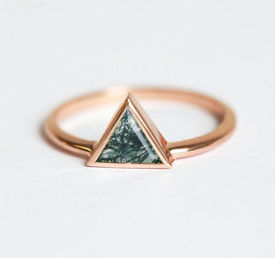 Triangle Moss Agate Rose Gold Ring, Solitaire Style Band