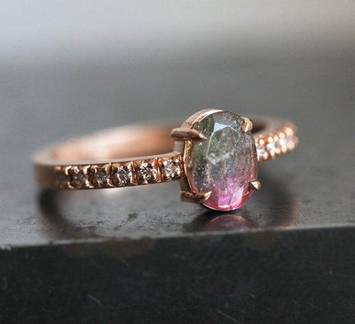 Watermelon Oval Tourmaline Ring Rose Gold with Side-Stone Style Band with White Diamonds