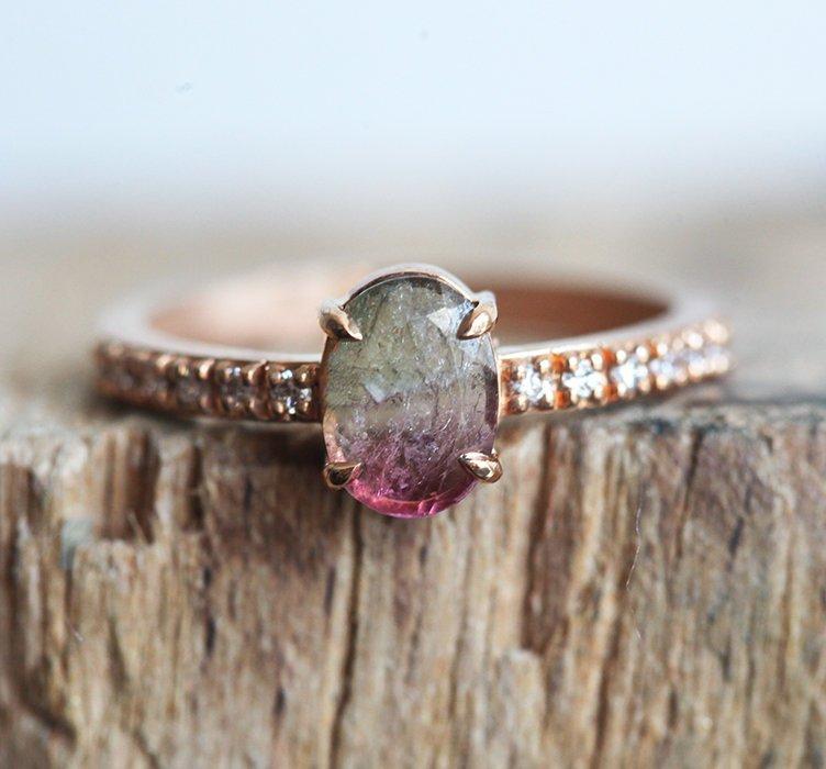 Watermelon Oval Tourmaline Ring Rose Gold with Side-Stone Style Band with White Diamonds