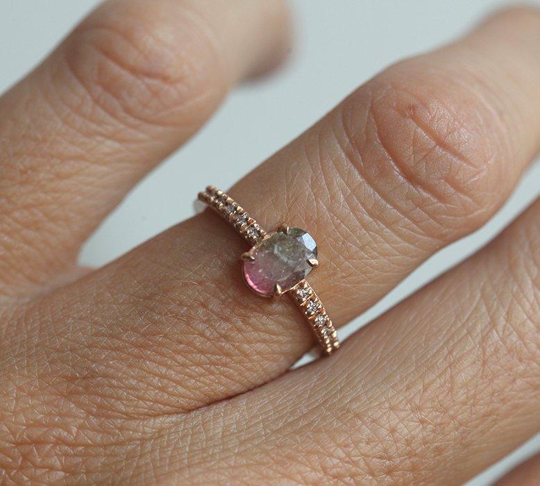 Watermelon Oval Tourmaline Ring Rose Gold with Side-Stone Style Band with White Diamonds