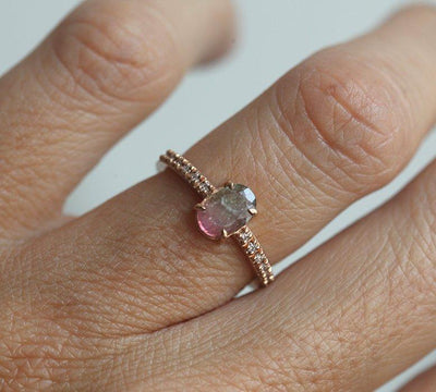 Watermelon Oval Tourmaline Ring Rose Gold with Side-Stone Style Band with White Diamonds