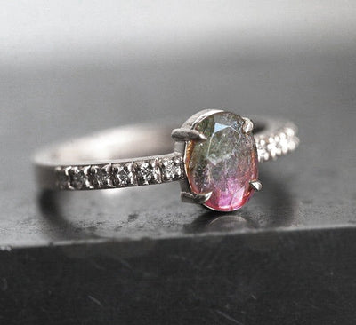 Watermelon Oval Tourmaline Ring Rose Gold with Side-Stone Style Band with White Diamonds