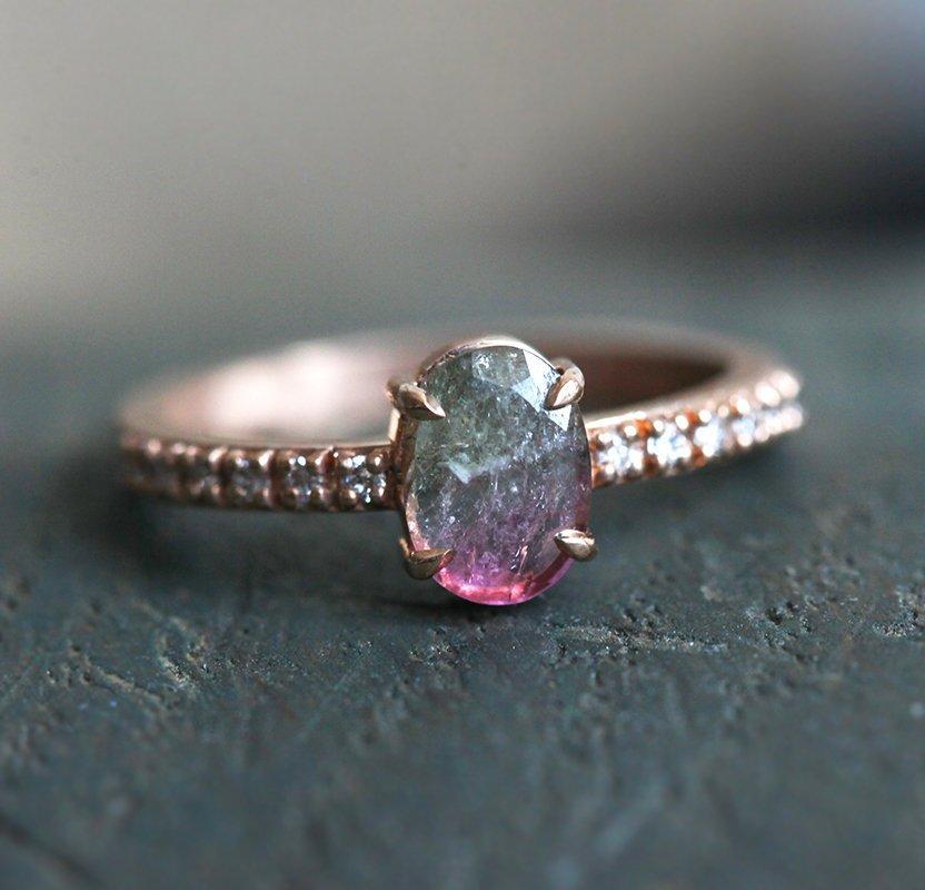 Watermelon Oval Tourmaline Ring Rose Gold with Side-Stone Style Band with White Diamonds