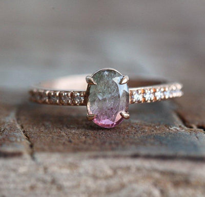 Watermelon Oval Tourmaline Ring Rose Gold with Side-Stone Style Band with White Diamonds
