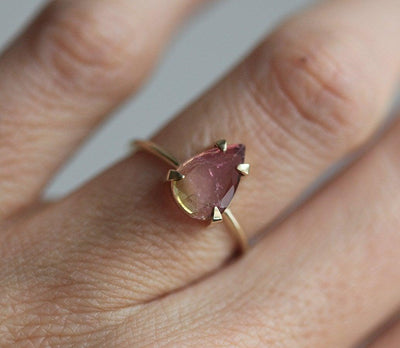 Solitaire-Style Pear Watermelon Tourmaline Yellow Gold Ring