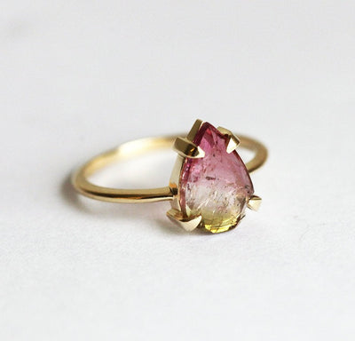 Solitaire-Style Pear Watermelon Tourmaline Yellow Gold Ring