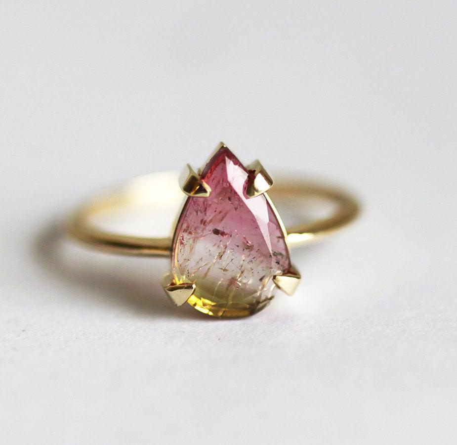 Solitaire-Style Pear Watermelon Tourmaline Yellow Gold Ring