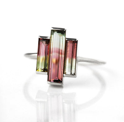 3-Stone Watermelon Baguette Tourmaline White Gold Ring