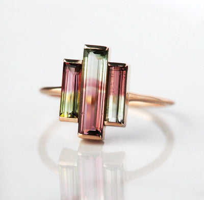 3-Stone Watermelon Baguette Tourmaline Rose Gold Ring