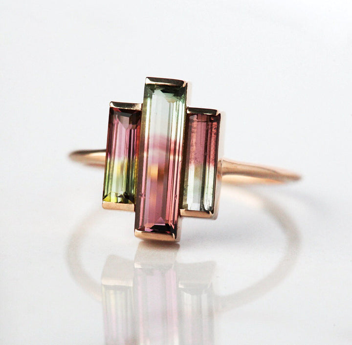 Rainbow Raw Tourmaline Baguette hot Ring, Pink Tourmaline Ring for Women, Pink Stone Ring, Gemstone Jewelry,Crystal Ring, Art Deco Stacking Ring